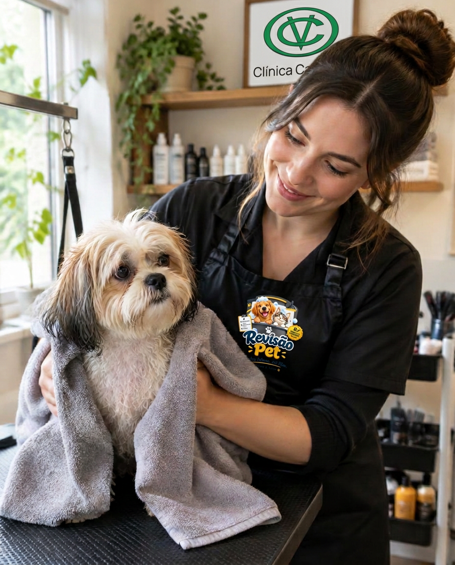 Profissional sorrindo enquanto seca um cãozinho com toalha