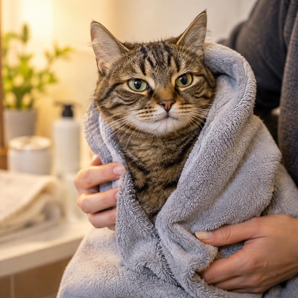 Gato enrolado em toalha após o cuidado