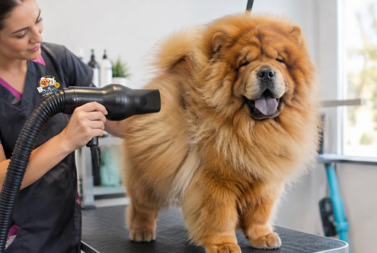 Chow Chow sendo seco com secador profissional