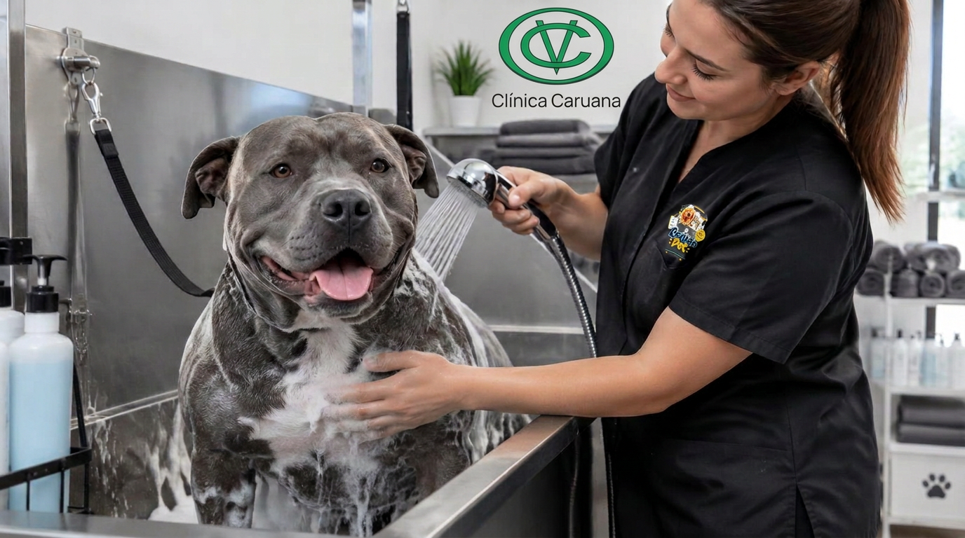 Cão pitbull de grande porte tomando banho com cuidado