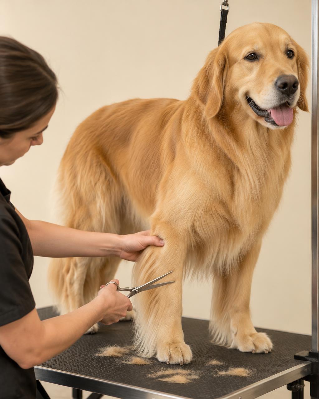 Golden Retriever recebendo tosa trimming com tesoura, em atendimento cuidadoso